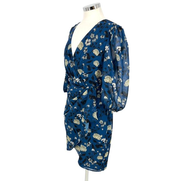 Halogen Floral Wrap Draped Dress Blue Black White Size Medium - Picture 7 of 13